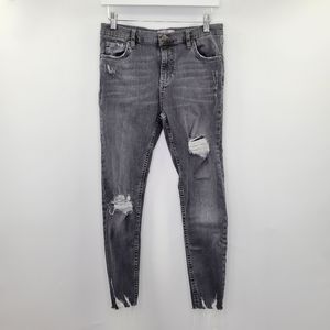 Free People Distressed Skinny Jeans Gray Raw Hem Ankle Boho High Waisted
